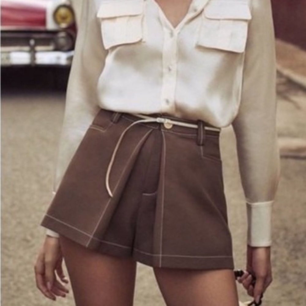 Alexis Laz Split Detailed Mini Skort Shorts High Rise Brown Size Large